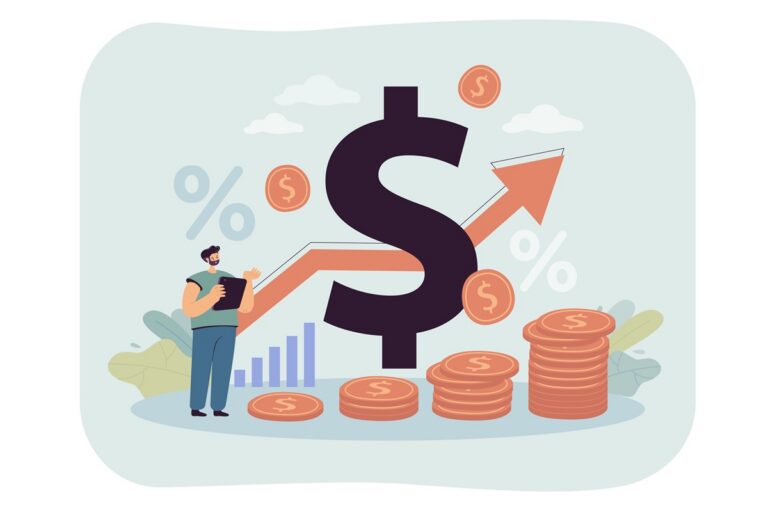 Recession of money value on finance market. Price increase, business risk, coins and percentage rate flat vector illustration. Economy, inflation concept for banner, website design or landing web page